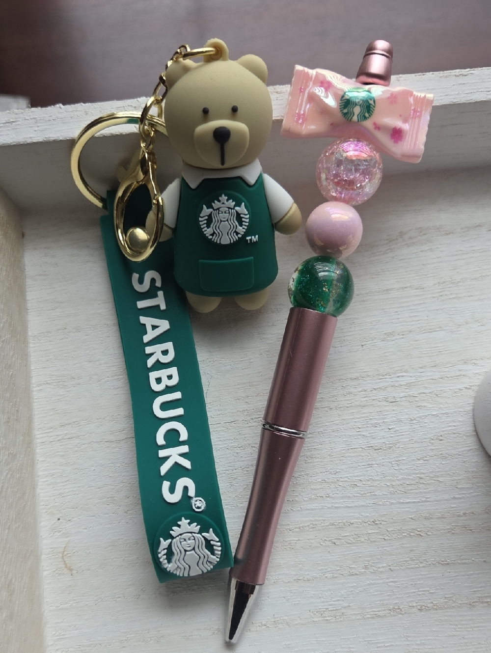 Starbucks Green Bear Keychain with Pink Bead Charm Pen